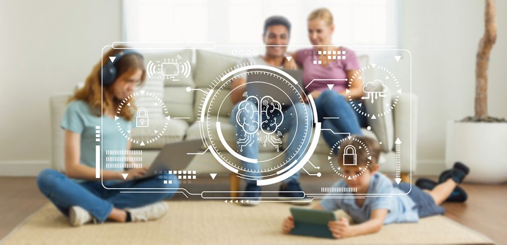 Background is an image of a family sitting in living room on various devices, with a white line overlay illustrating various locks and controls extending from a central control